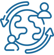 Icon of global connections with people and arrows, representing immigration and education services. This highlights the commitment and expertise of IME Advisors in providing bespoked migration and visa services.