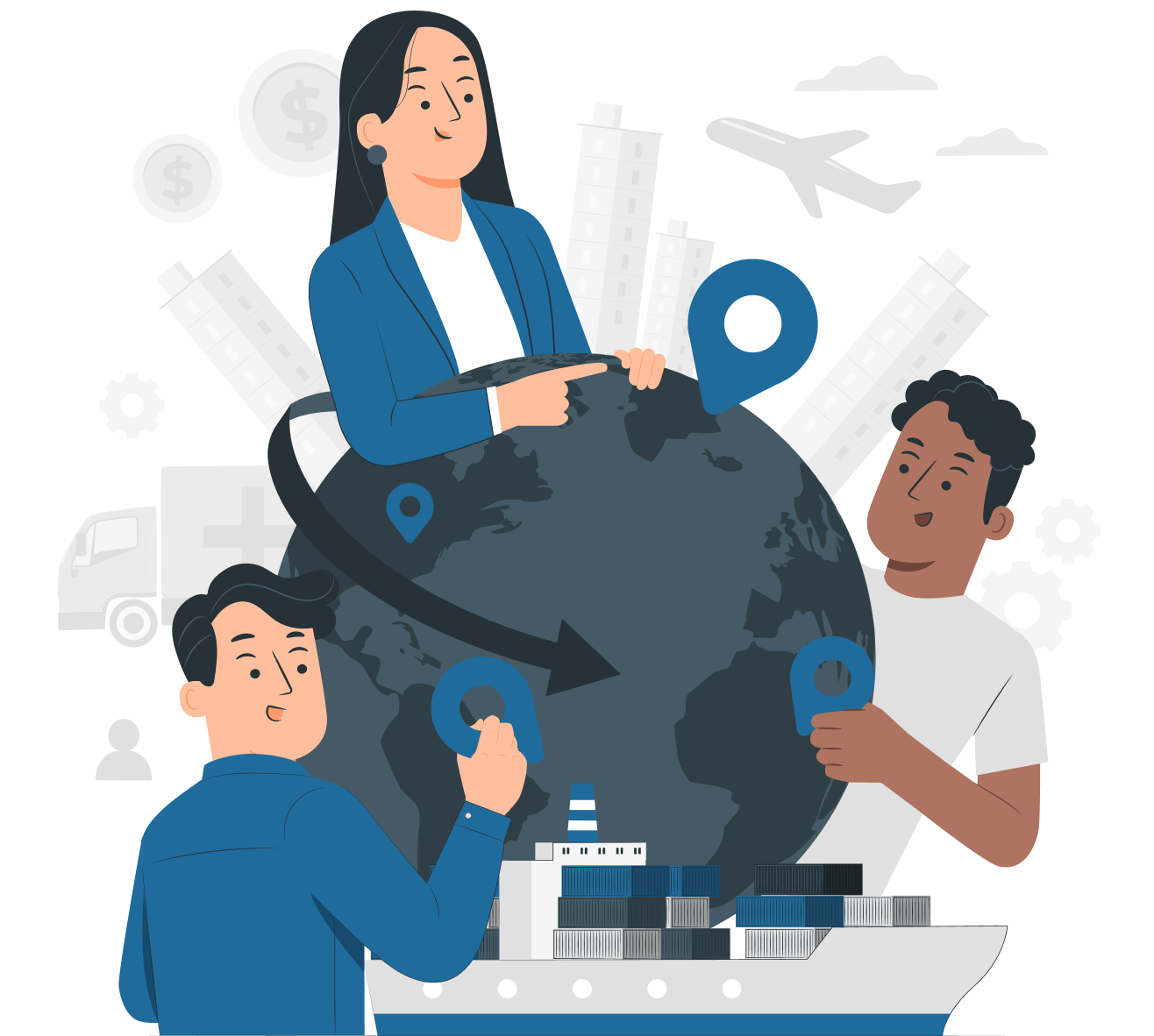 Three people stand around a large globe, each holding location markers, with a cargo ship in the foreground. The background features an airplane, city buildings, and transport icons, representing global migration, travel, and logistics. This visual relates to the Work and Holiday Visa (Subclass 462) for various nationalities, highlighting international movement and visa consultation.