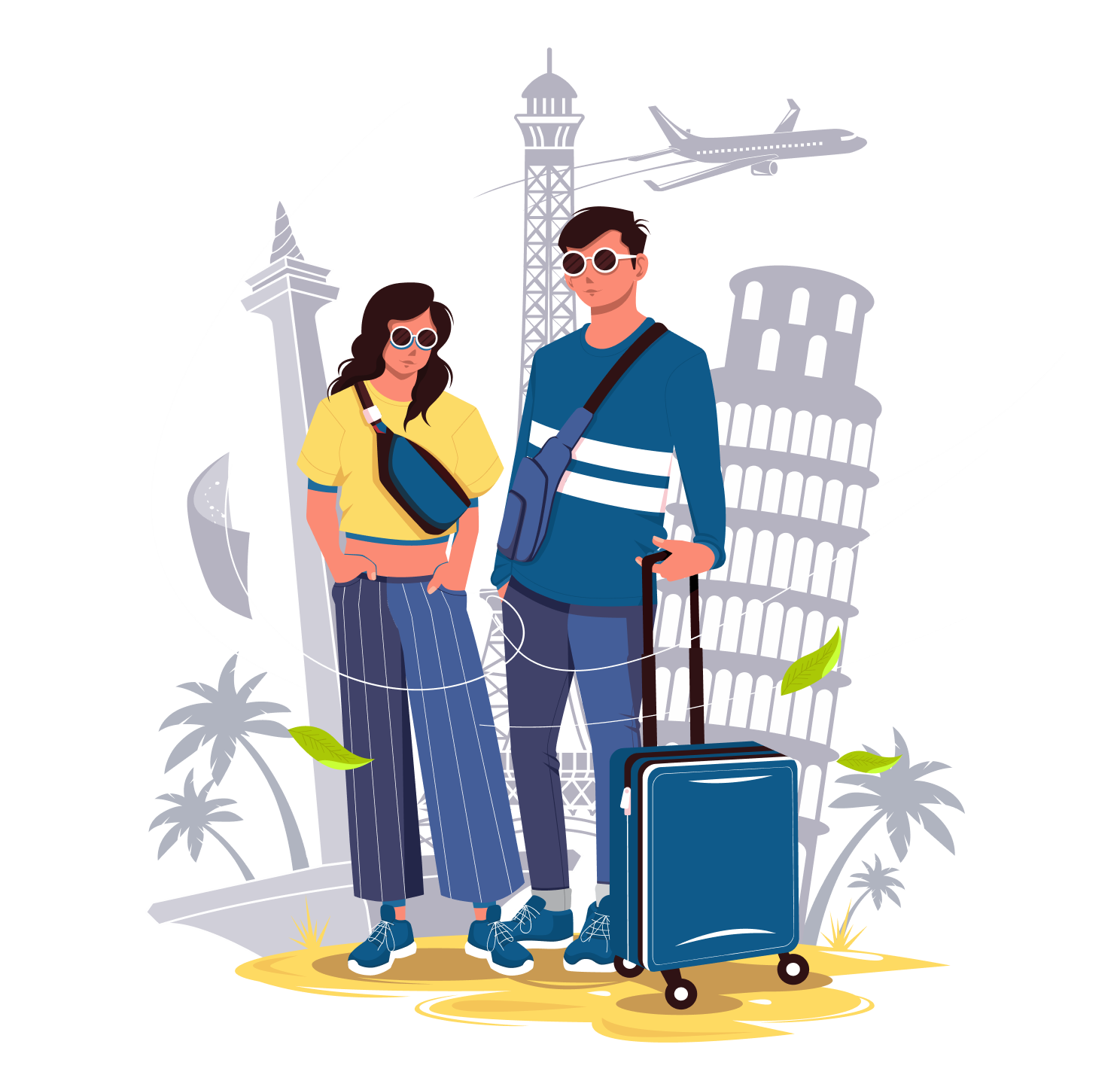A man and woman stand together with travel bags, dressed casually, in front of iconic world landmarks including the Eiffel Tower, Leaning Tower of Pisa, and an airplane flying overhead. Palm trees and city monuments are in the background, representing international travel and adventure. This visual is themed around migration and the Australian Working Holiday Visa, suitable for IME Advisors, Sydney.