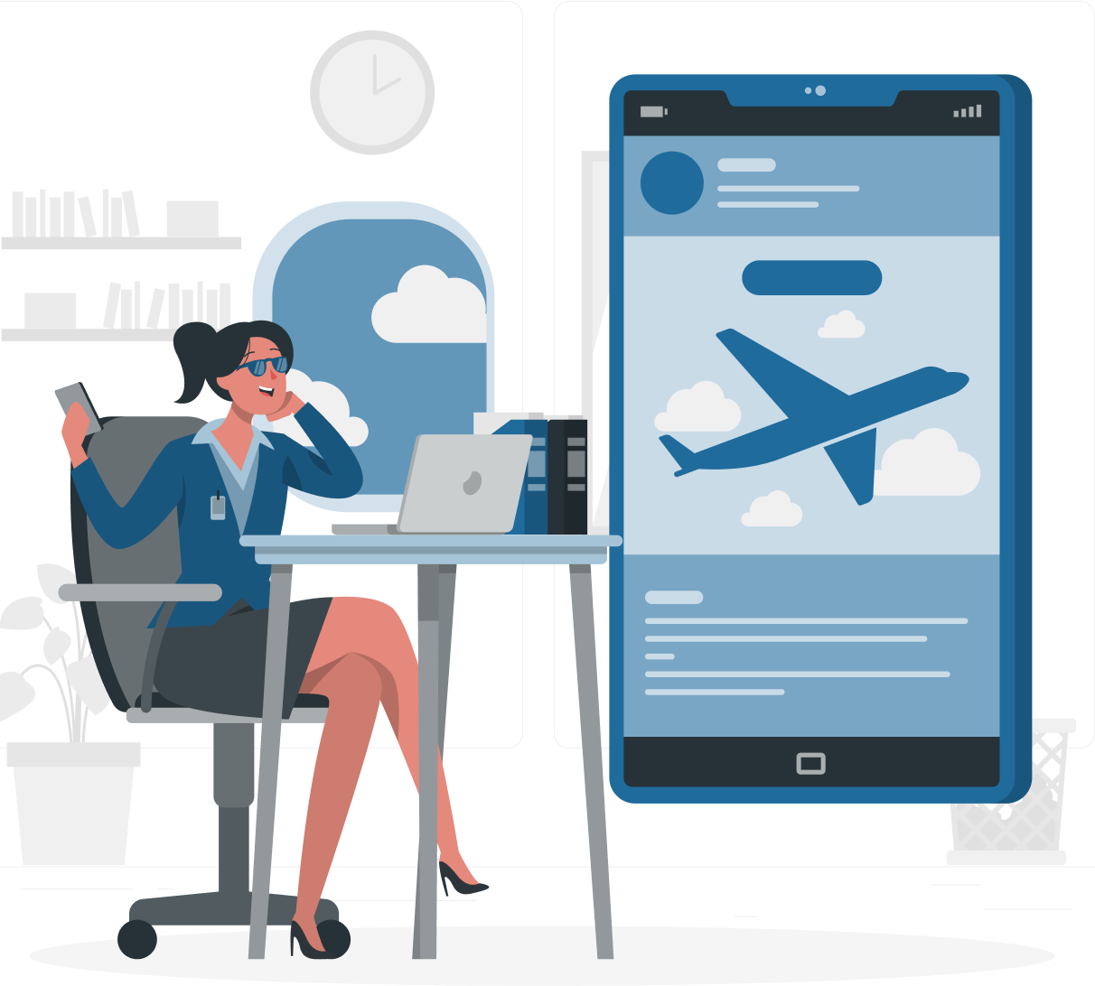 Illustration of an advisor discussing travel plans in an office setting. This highlights the commitment and expertise of IME Advisors in providing bespoked migration and visa services.