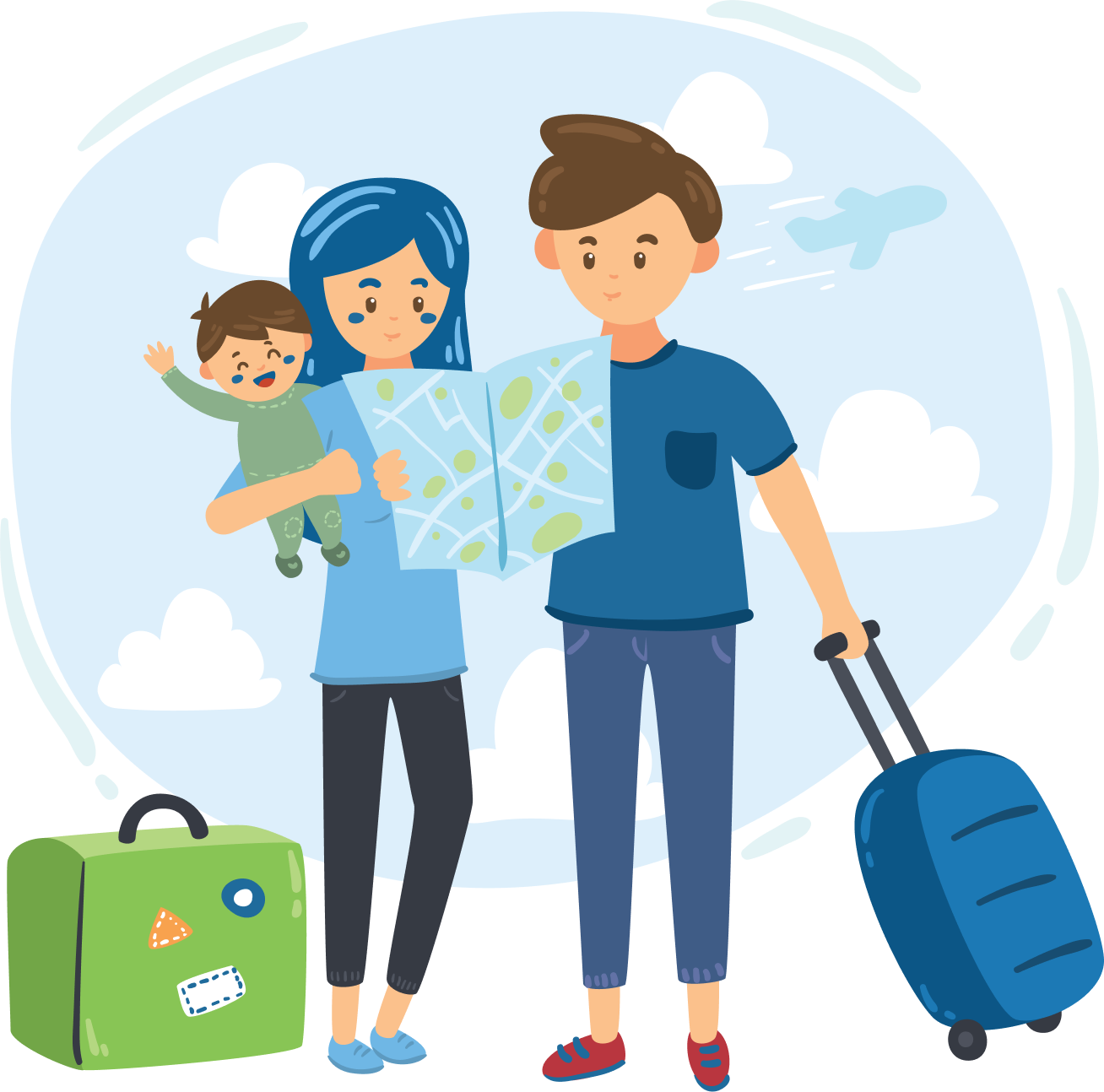 Young family planning travel with luggage and a map, reflecting migration support and visa guidance. This highlights the commitment and expertise of IME Advisors in providing bespoked migration and visa services.