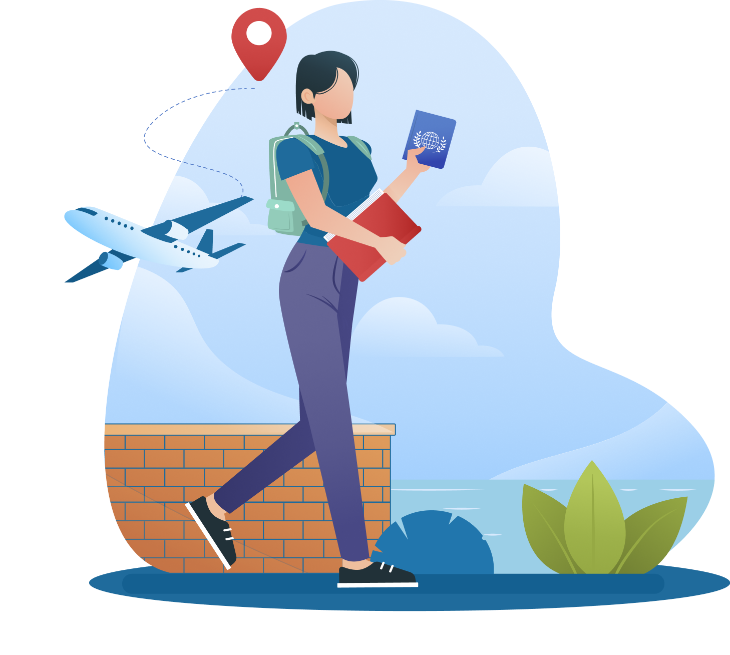 A confident student with a backpack, holding a passport and book, walking along a brick path with an airplane and map pin in the background, surrounded by clouds, leaves, and water, symbolizing the journey of gaining practical work experience through the Training Visa (Subclass 407) in Australia, supported by IME Advisors, Sydney.