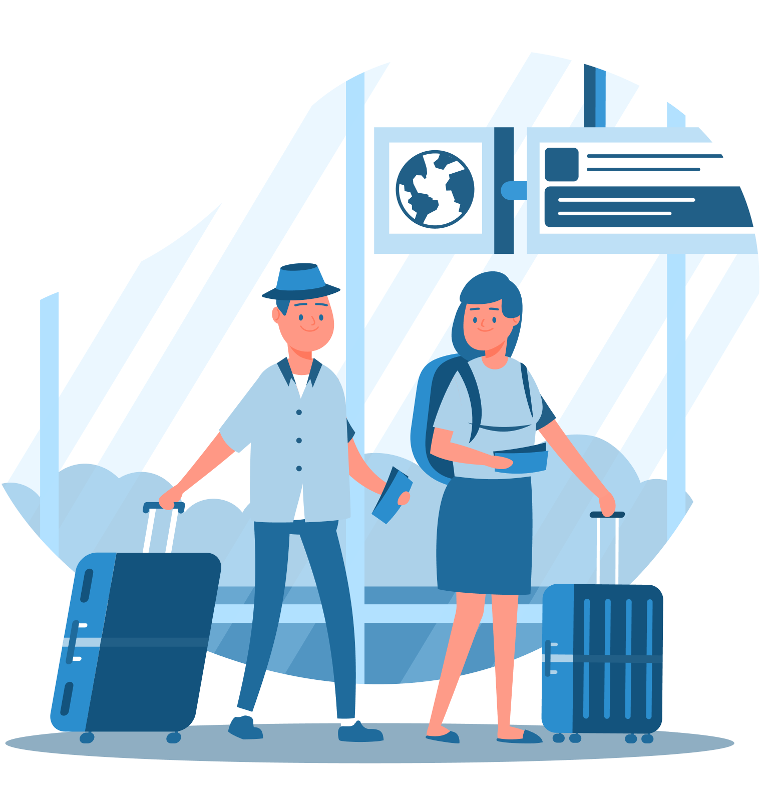 A traveler with a backpack and suitcase, standing in an airport terminal with a globe, airplane, passport, and boarding pass, symbolising the flexible stay options and exciting journeys offered by the Visitor Visa (Subclass 600) in Australia, expertly handled by IME Advisors, Sydney.