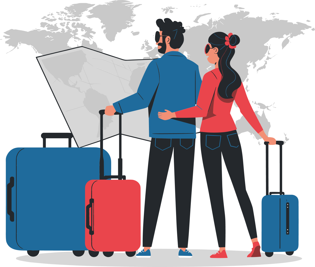 A couple with luggage, standing together and holding a world map, symbolizing their journey to travel, reunite, and explore Australia with the Visitor Visa (Subclass 600), expertly supported by IME Advisors, Sydney.