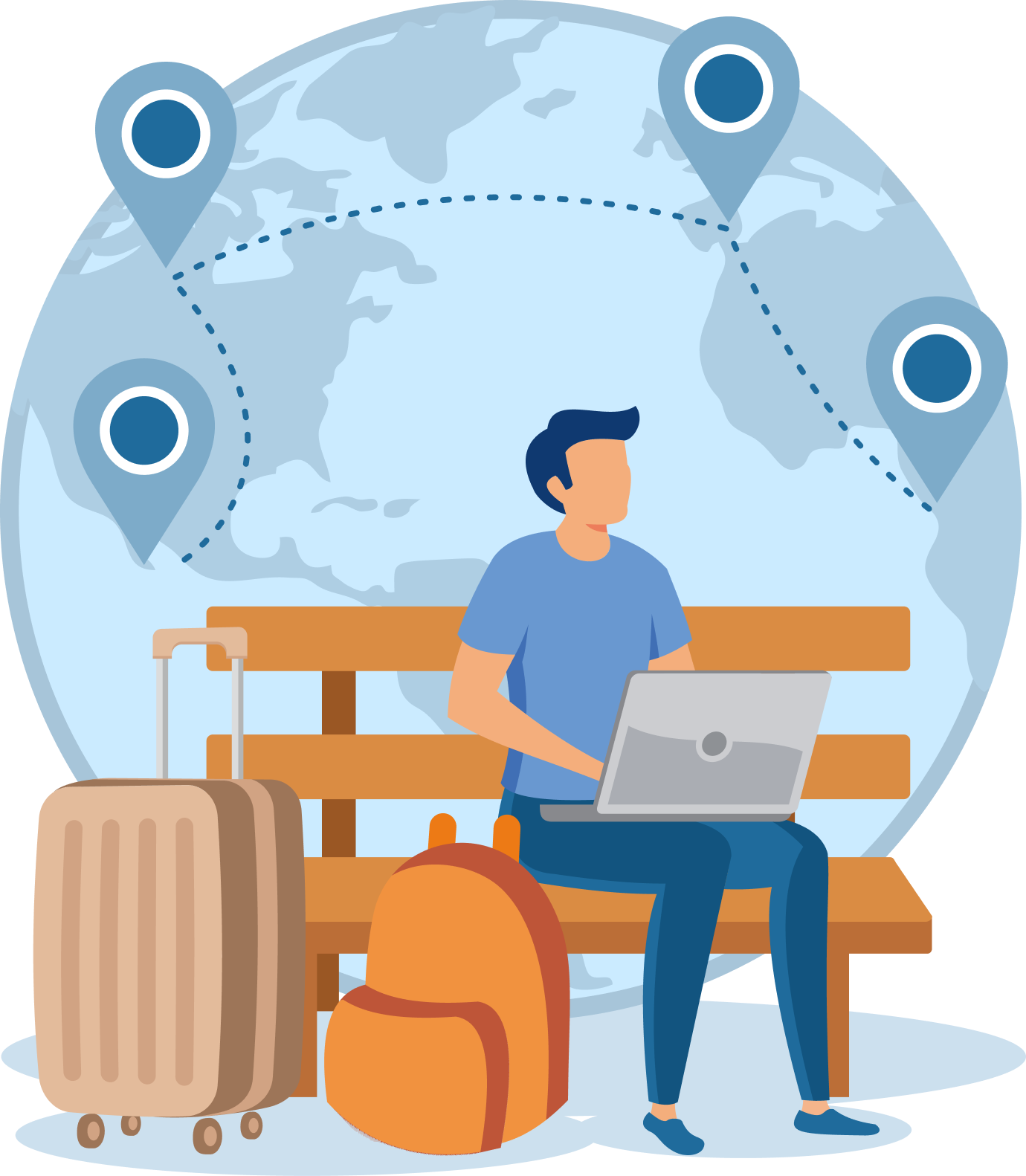 A man with luggage and a backpack using a laptop on a bench, with a globe and flight path in the background, representing travel and migration for the Australian visa professional consultation session conducted by MARA-registered migration agents on homepage website. This highlights the commitment and expertise of IME Advisors in providing bespoked migration and visa services.