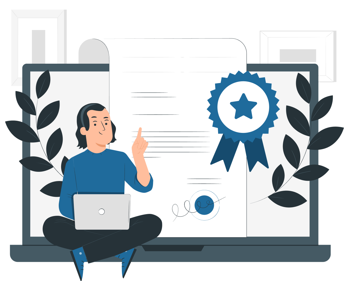 Image of a person with a laptop on a certificate with a star badge, showcasing migration and Australian visa professional consultation session conducted by MARA-registered migration agents on services page services. This highlights the commitment and expertise of IME Advisors in providing bespoked migration and visa services.