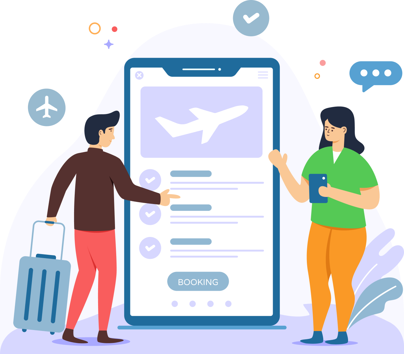 Illustration of a couple booking travel online with luggage and mobile devices, symbolising the process of applying for Australian Partner Visas including Onshore Subclass 820 and 801, Offshore Subclass 309 and 100, and the Fiancé Visa Subclass 300 for couples planning to reunite or marry in Australia.