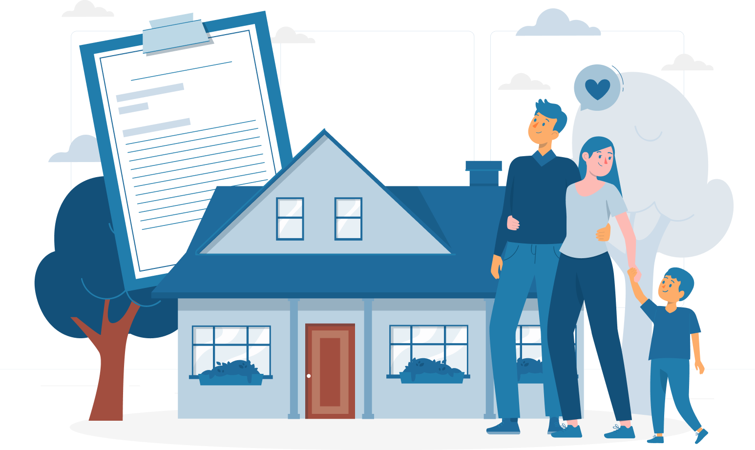 Illustration of a happy family standing in front of a house with official documents in the background, representing the pathway to securing Australian permanent residency through the Skilled Independent Visa (Subclass 189).