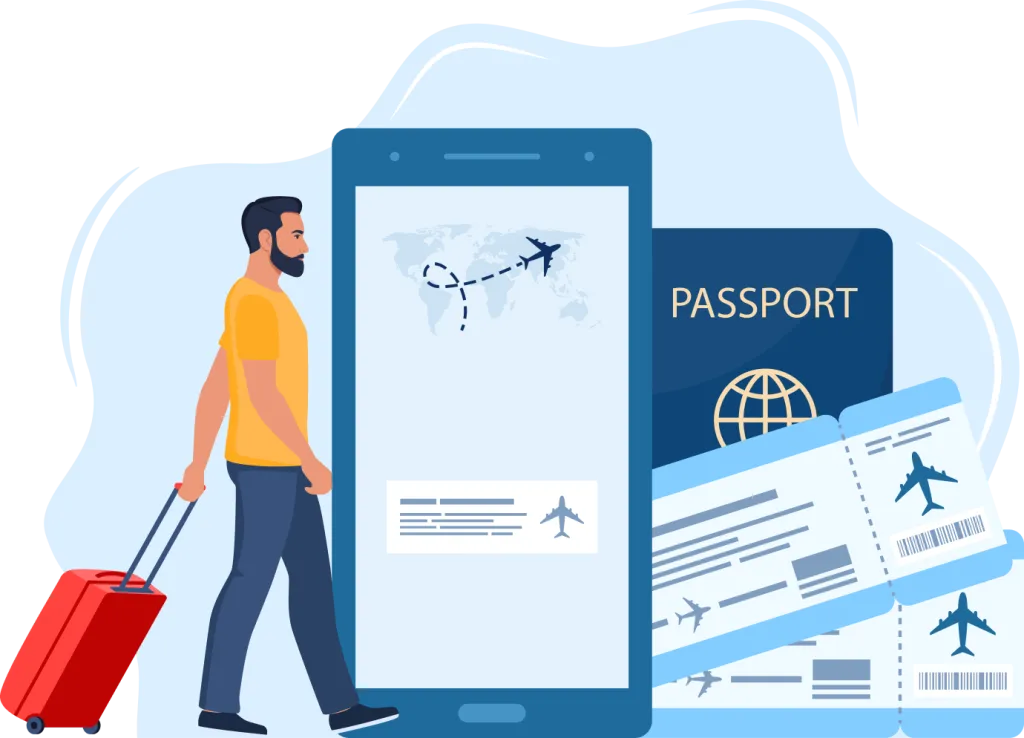 A man with luggage, a smartphone displaying a world map and flight path, a passport, and tickets, indicating travel and migration for the Australian visa professional consultation session conducted by MARA-registered migration agents on homepage website. This highlights the commitment and expertise of IME Advisors in providing bespoked migration and visa services.