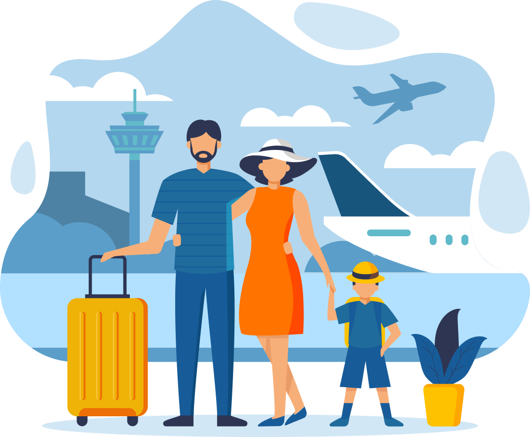 A family with luggage at an airport with a plane and control tower, highlighting migration and Australian visa professional consultation session conducted by MARA-registered migration agents on parent visa services page services. This highlights the commitment and expertise of IME Advisors in providing bespoked migration and visa services.