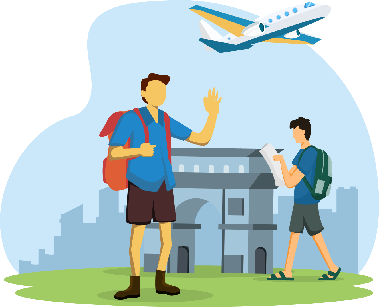 Illustration of two travelers with backpacks and a plane, symbolising migration and Australian visa professional consultation session conducted by MARA-registered migration agents on child visa services page services. This highlights the commitment and expertise of IME Advisors in providing bespoked migration and visa services.