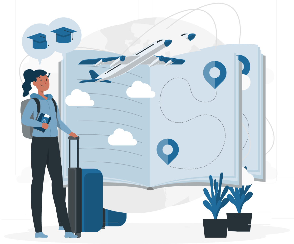 A student with a suitcase and passport stands in front of an open book featuring a world map, airplanes, map pins, and graduation cap thought bubbles, surrounded by clouds and plants, symbolizing the educational journey and global opportunities offered by Training & Temporary Activity Visas in Australia, supported by IME Advisors, Sydney.