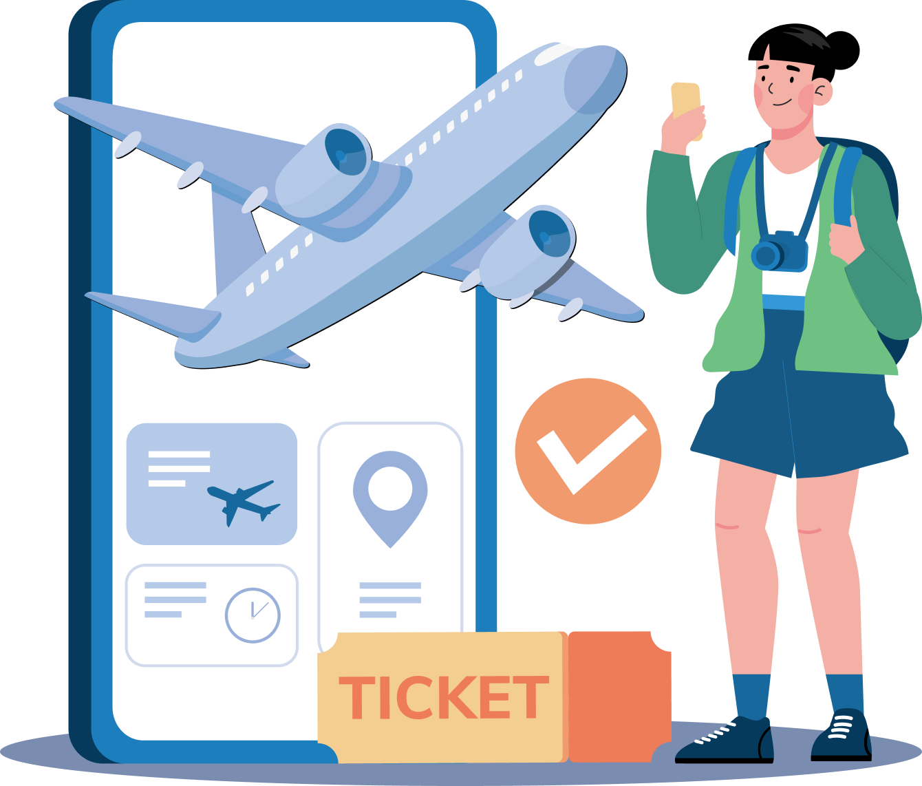 A cheerful traveler with a backpack and camera, holding a ticket in front of a smartphone displaying flight details, an airplane, and a checkmark, symbolizing the effortless exploration of Australia with the eVisitor Visa (Subclass 651), supported by IME Advisors, Sydney.