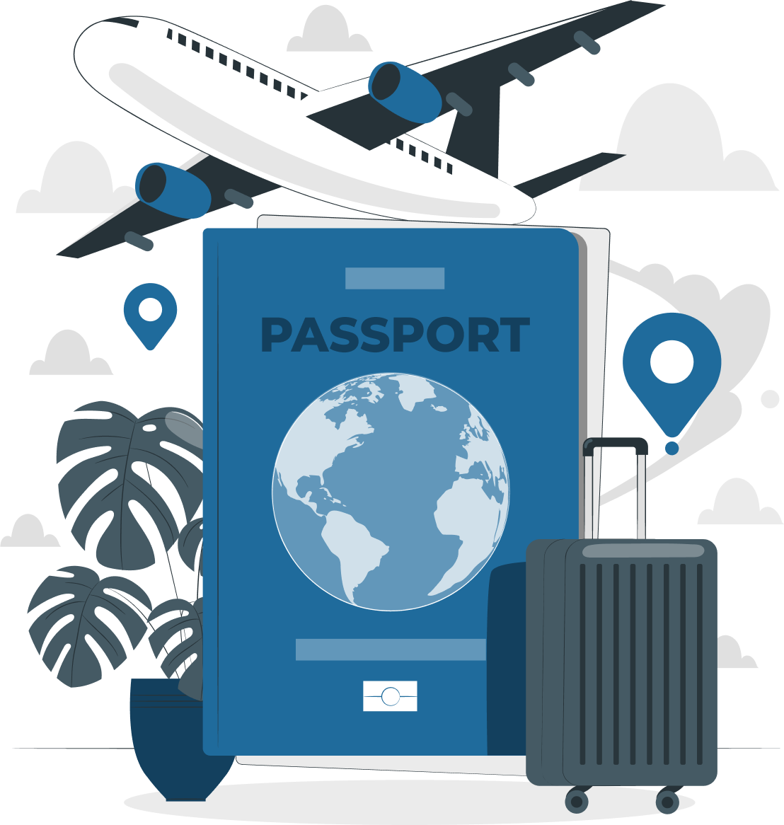 A passport with a globe, a plane, luggage, plants, and location pins, indicating travel for the Australian visa professional consultation session conducted by MARA-registered migration agents on work holiday visa services page website. This highlights the commitment and expertise of IME Advisors in providing bespoked migration and visa services.
