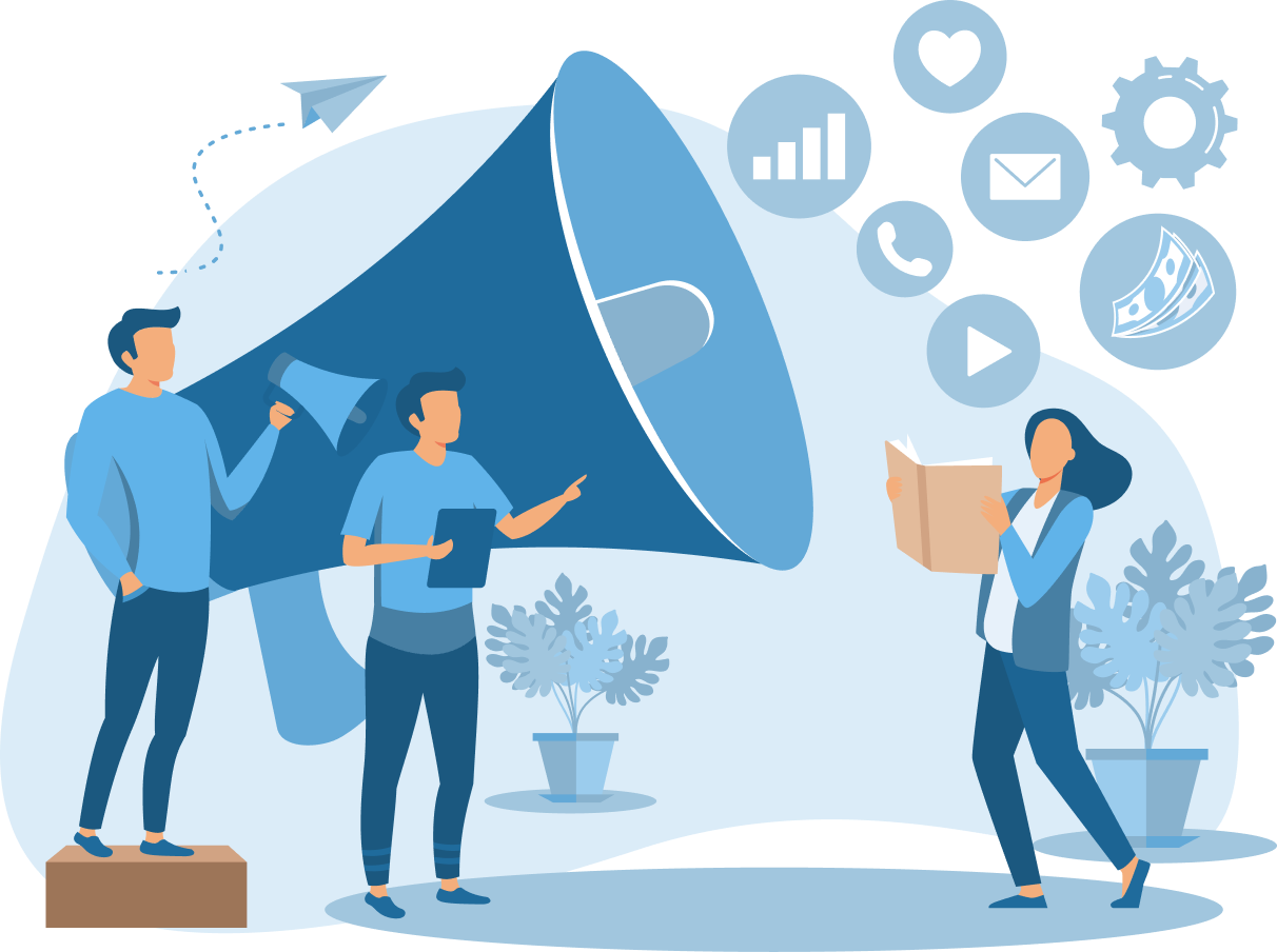 The image features two men with a megaphone and a woman reading a book, surrounded by icons like a heart and money, suggesting communication and services for the Australian visa consultation website. This highlights the commitment and expertise of IME Advisors in providing bespoked migration and visa services.