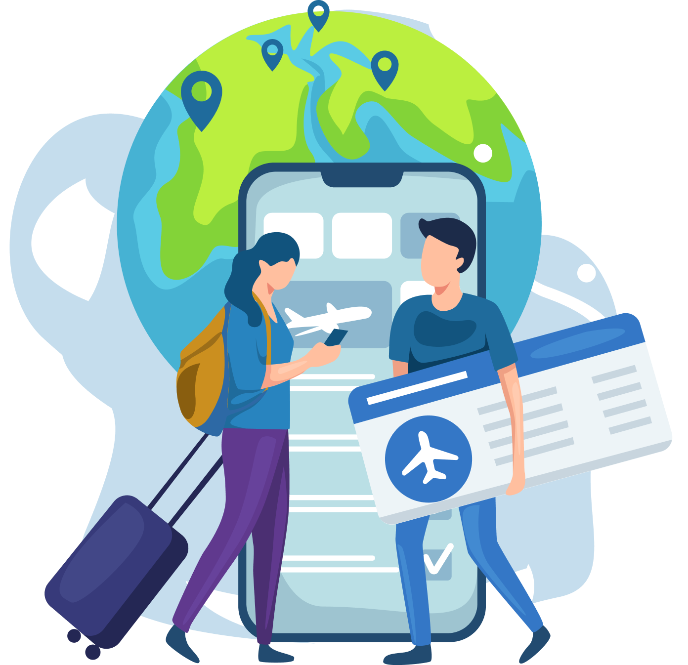 A traveler with a backpack, holding a passport and phone, standing in front of a globe with an airplane, map pins, and boarding passes, symbolising a journey of exploration and participation in short-term work or exchange through the Temporary Activity Visa (Subclass 408) in Australia, supported by IME Advisors, Sydney.