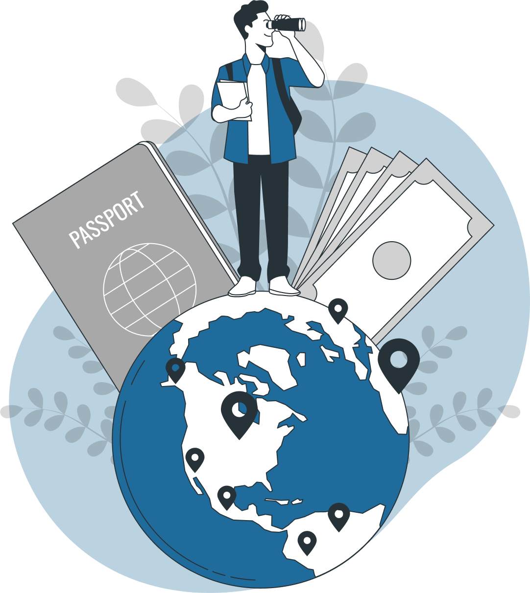 Man standing on a globe with passport and currency, showing global travel planning and visa application process. This highlights the commitment and expertise of IME Advisors in providing bespoked migration and visa services.
