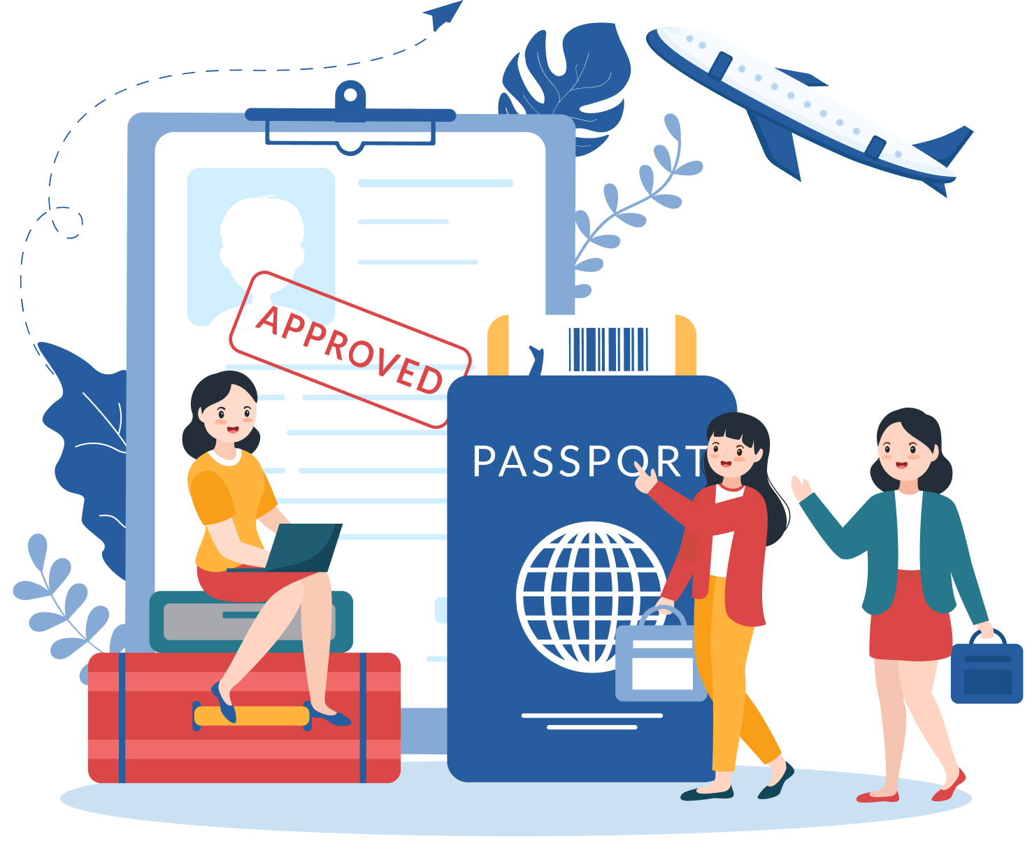 Image of a person with a laptop and luggage, another with a passport and 'Approved' stamp, and a plane, representing migration and Australian visa professional consultation session conducted by MARA-registered migration agents on homepage services. This highlights the commitment and expertise of IME Advisors in providing bespoked migration and visa services.