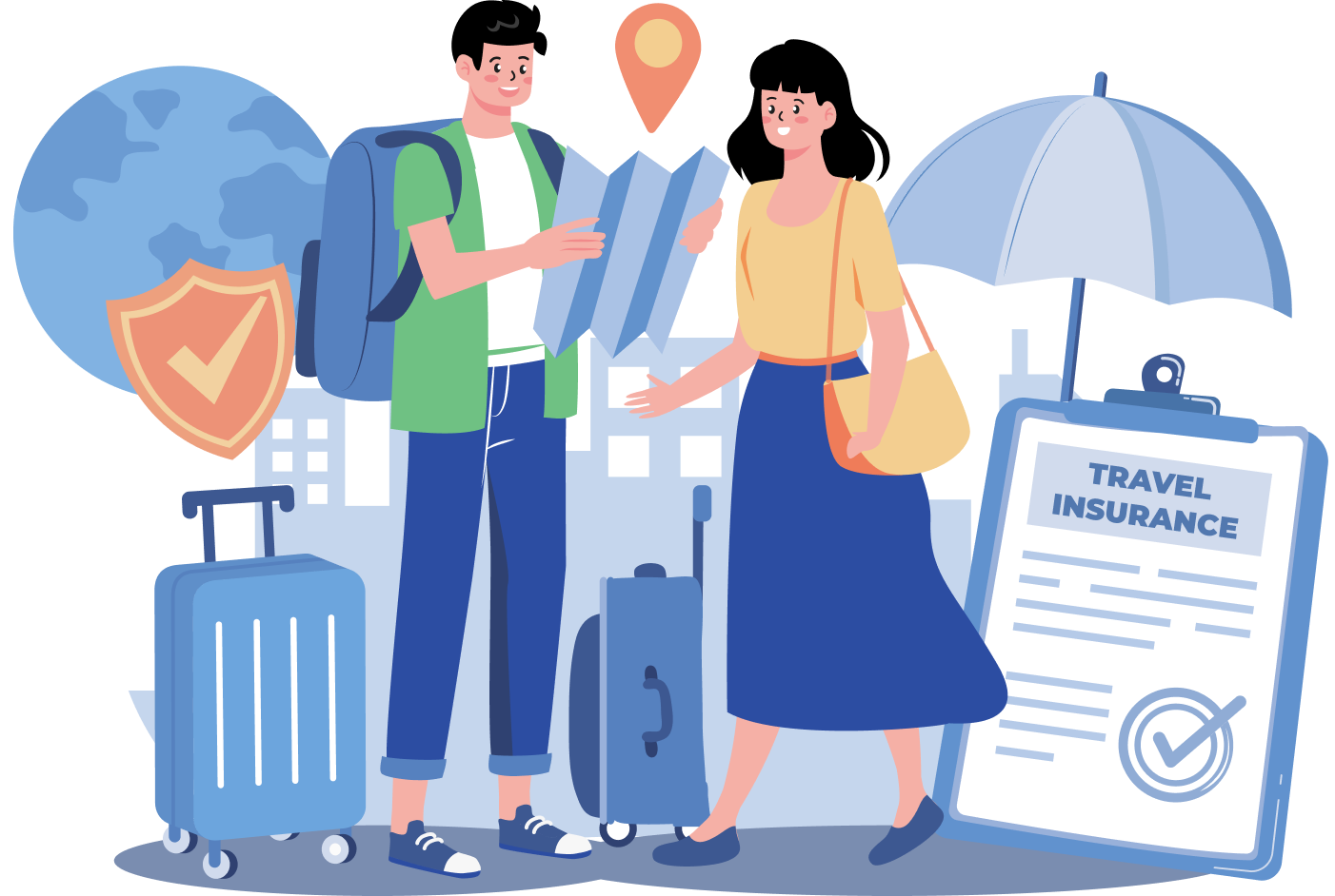 The image depicts a couple with luggage, a map, a globe, a shield, an umbrella, and a travel insurance document, suggesting travel and migration for the Australian visa professional consultation session conducted by MARA-registered migration agents on homepage website. This highlights the commitment and expertise of IME Advisors in providing bespoked migration and visa services.