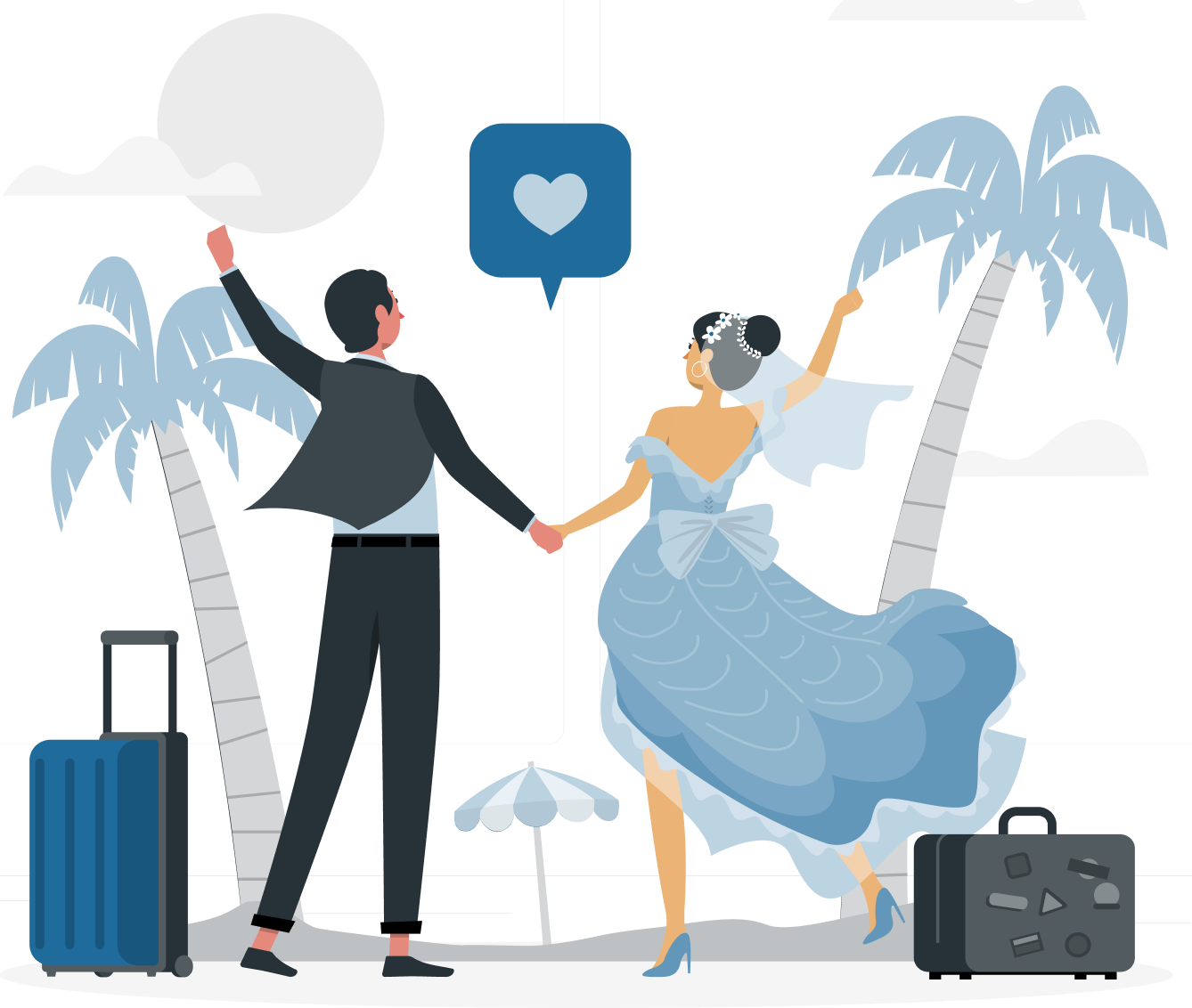 A couple dancing in wedding attire with luggage and palm trees, suggesting relocation for the Australian visa professional consultation session conducted by MARA-registered migration agents on partner visa services page website. This highlights the commitment and expertise of IME Advisors in providing bespoked migration and visa services.