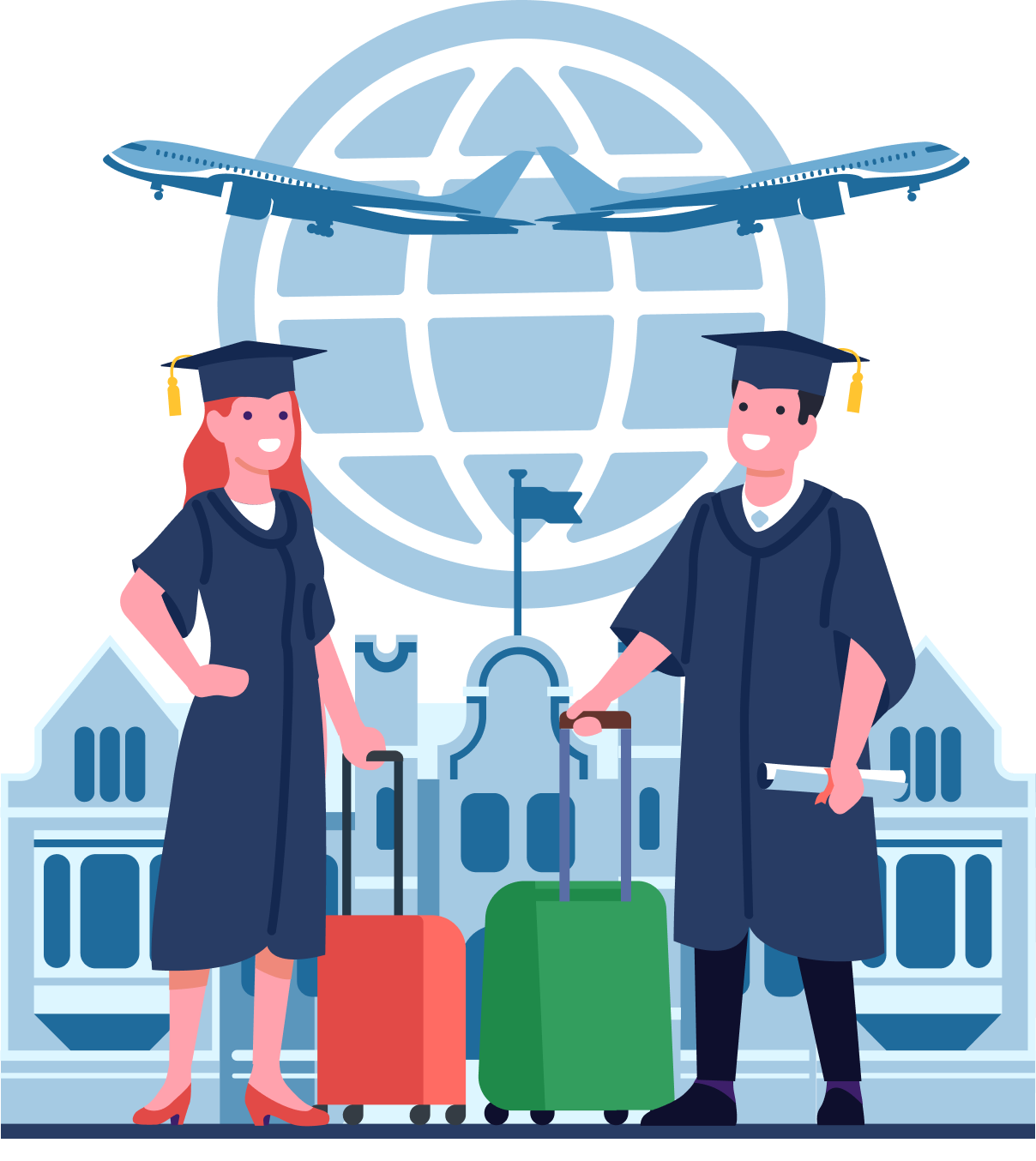 A vibrant illustration featuring a graduation cap, gown, diploma, and symbols of global travel like an airplane and suitcase, set against a backdrop of books and a world map, representing the academic achievement and international journey of graduates using the Temporary Graduate Visa (Subclass 485) to stay and work in Australia, supported by IME Advisors, Sydney.