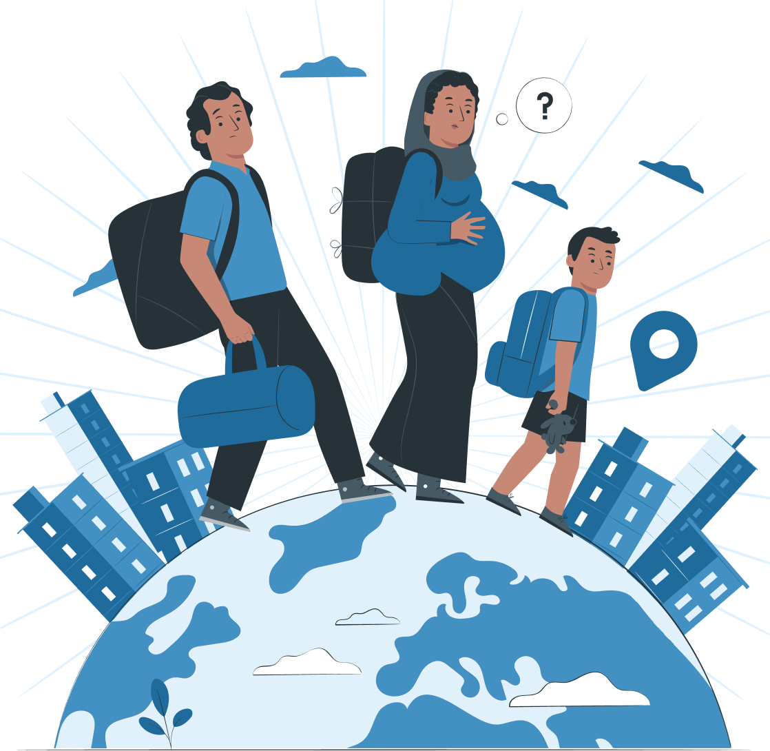 A family with backpacks on a globe, surrounded by cityscapes and a question mark, representing migration and Australian visa professional consultation session conducted by MARA-registered migration agents on homepage services. This highlights the commitment and expertise of IME Advisors in providing bespoked migration and visa services.