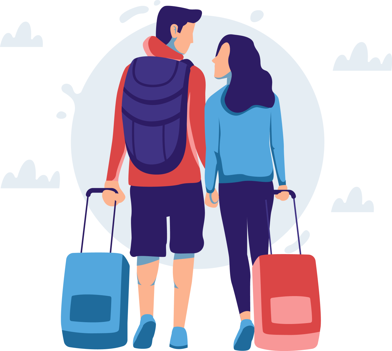 Illustration of a couple walking hand in hand with luggage, symbolising the Australian Partner Visa (Onshore) Subclass 820 and 801, which allows partners of Australian citizens or permanent residents to live together while awaiting permanent residency.