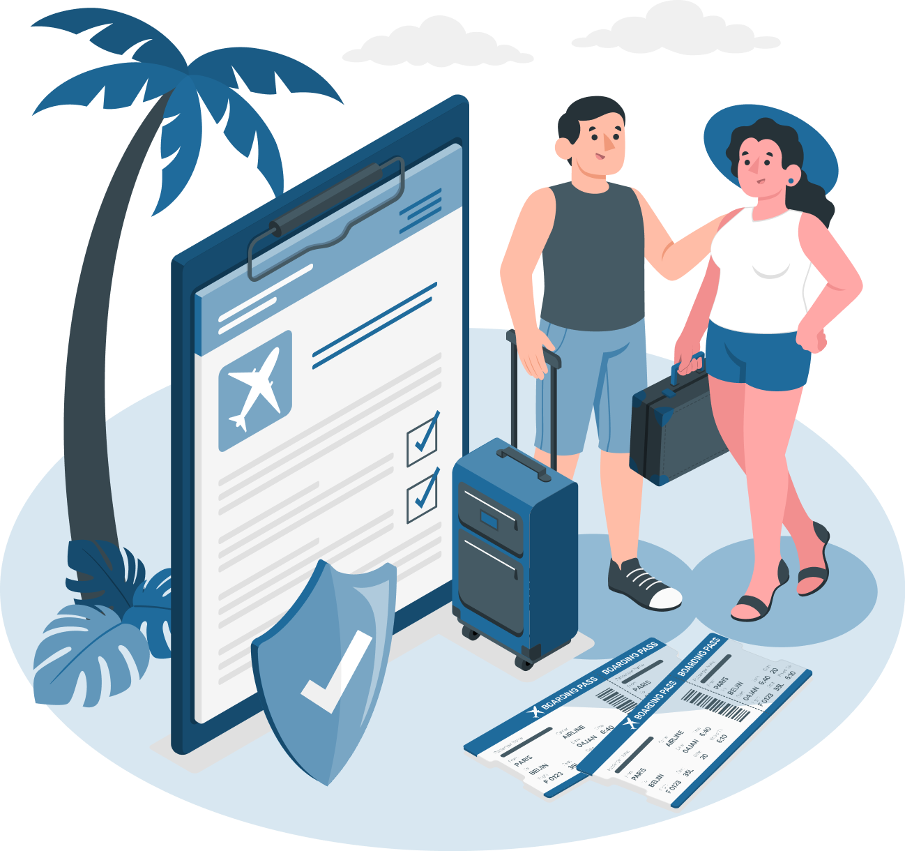 A cheerful couple with luggage and boarding passes, standing beside a checklist document with a shield icon and a palm tree, symbolizing a secure and exciting travel experience, representing the Work & Holiday Visa (Subclass 462) for young adults aged 18–30 (or 35 for some countries) to work and travel in Australia, supported by IME Advisors, Sydney.