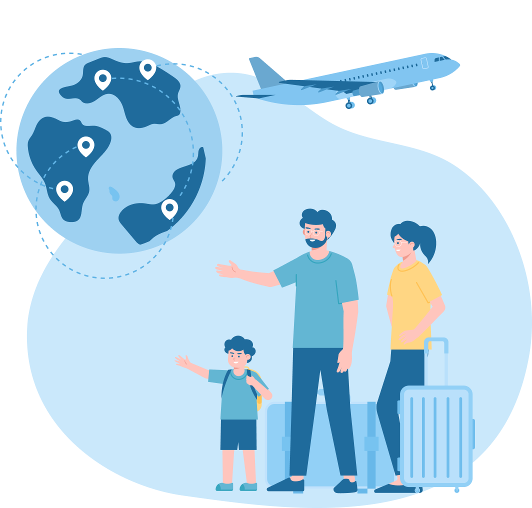 The image shows a family with luggage, a plane, and a globe with marked spots, indicating travel and migration tied to the Australian visa professional consultation session conducted by MARA-registered migration agents on homepage website. This highlights the commitment and expertise of IME Advisors in providing bespoked migration and visa services.
