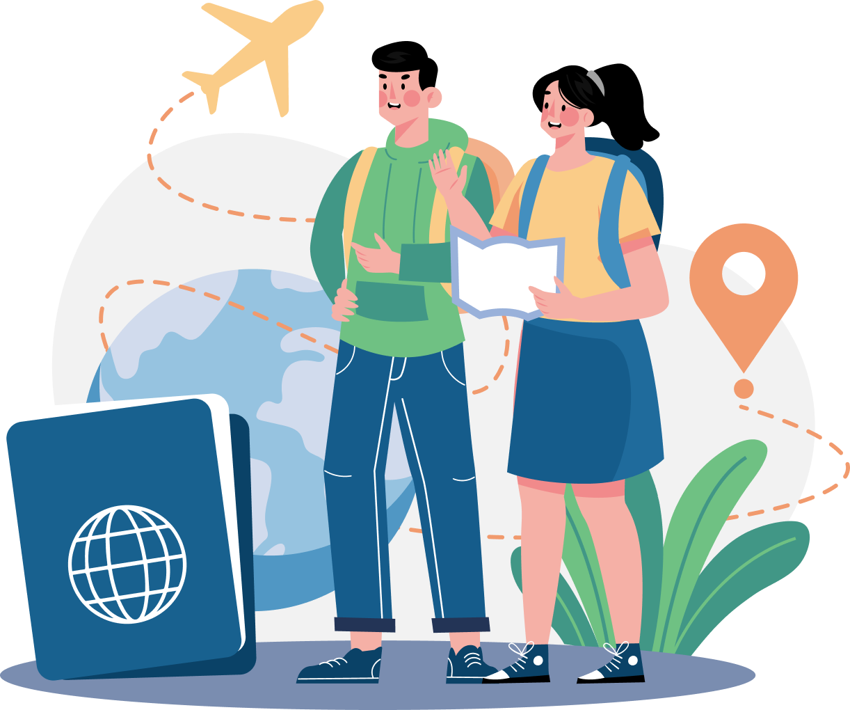 A traveler with a backpack, holding a passport and guidebook, standing in front of a globe with an airplane and map route, symbolizing the exciting journey and exploration tied to meeting the Visitor Visa eligibility criteria, supported by IME Advisors, Sydney.
