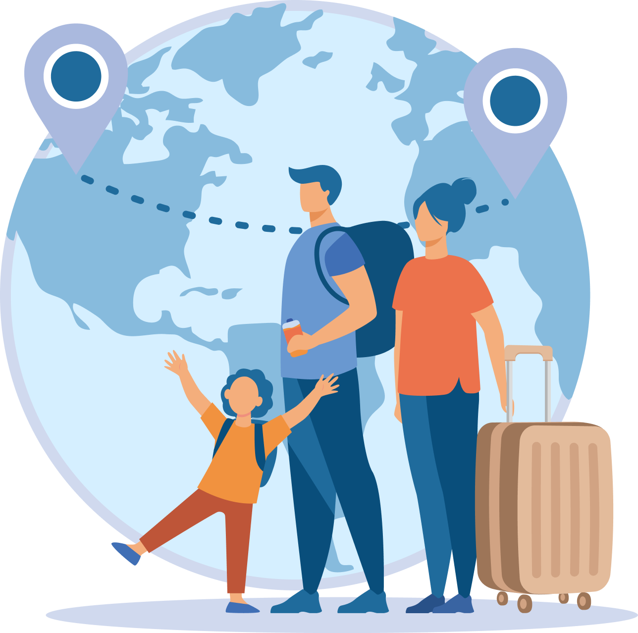 Family with luggage standing before world map showing travel route between two destinations. This highlights the commitment and expertise of IME Advisors in providing bespoked migration and visa services.