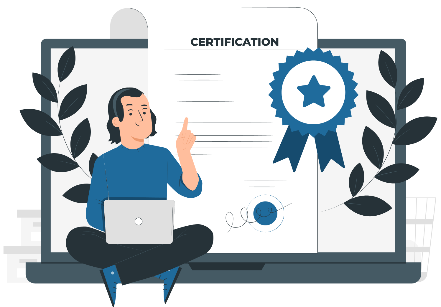 A person with a laptop on a certificate with a star badge, showcasing migration and Australian visa professional consultation session conducted by MARA-registered migration agents on homepage services. This highlights the commitment and expertise of IME Advisors in providing bespoked migration and visa services.