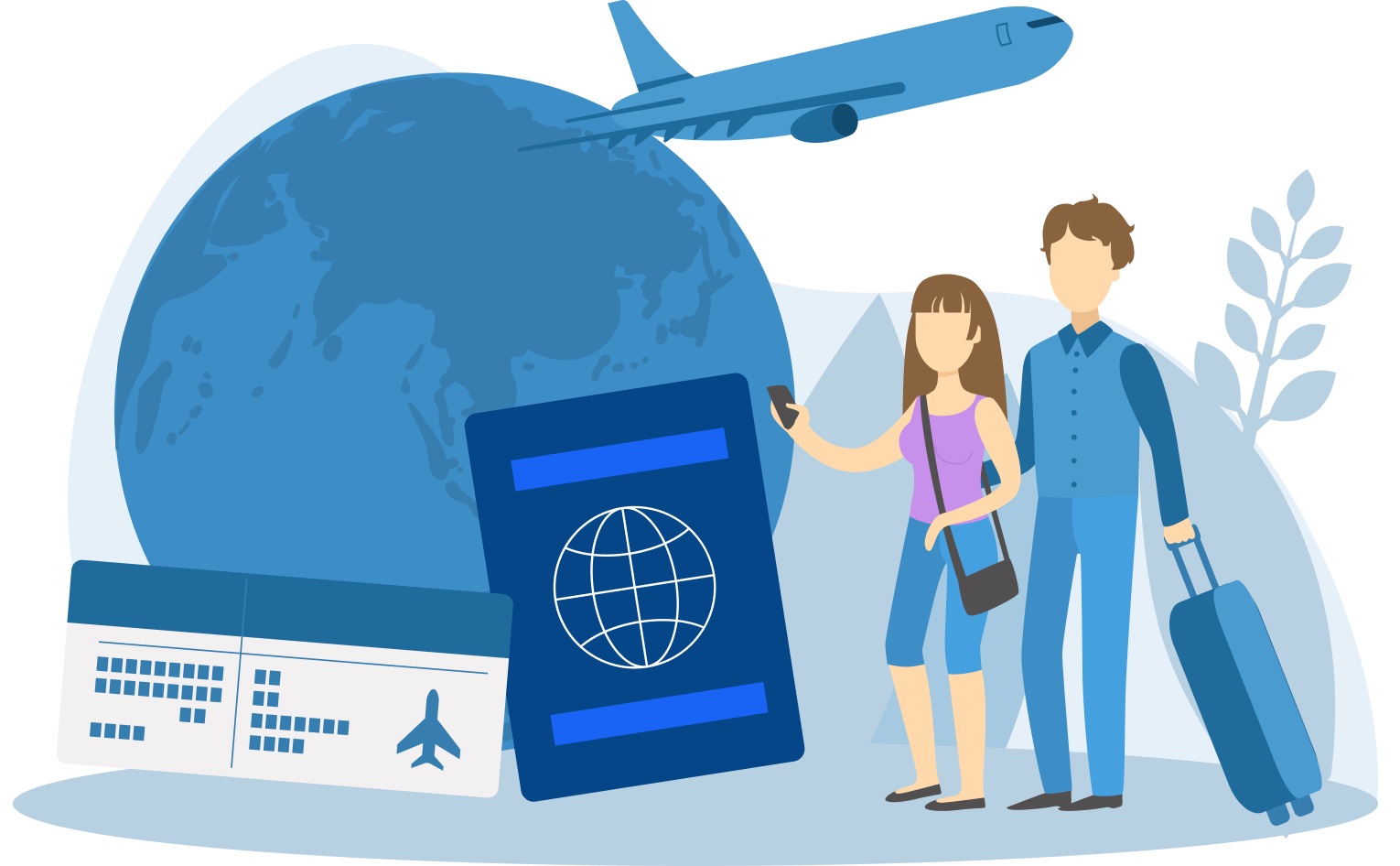 Couple with luggage, passport, and tickets, reflecting global travel and visa support services. This highlights the commitment and expertise of IME Advisors in providing bespoked migration and visa services.