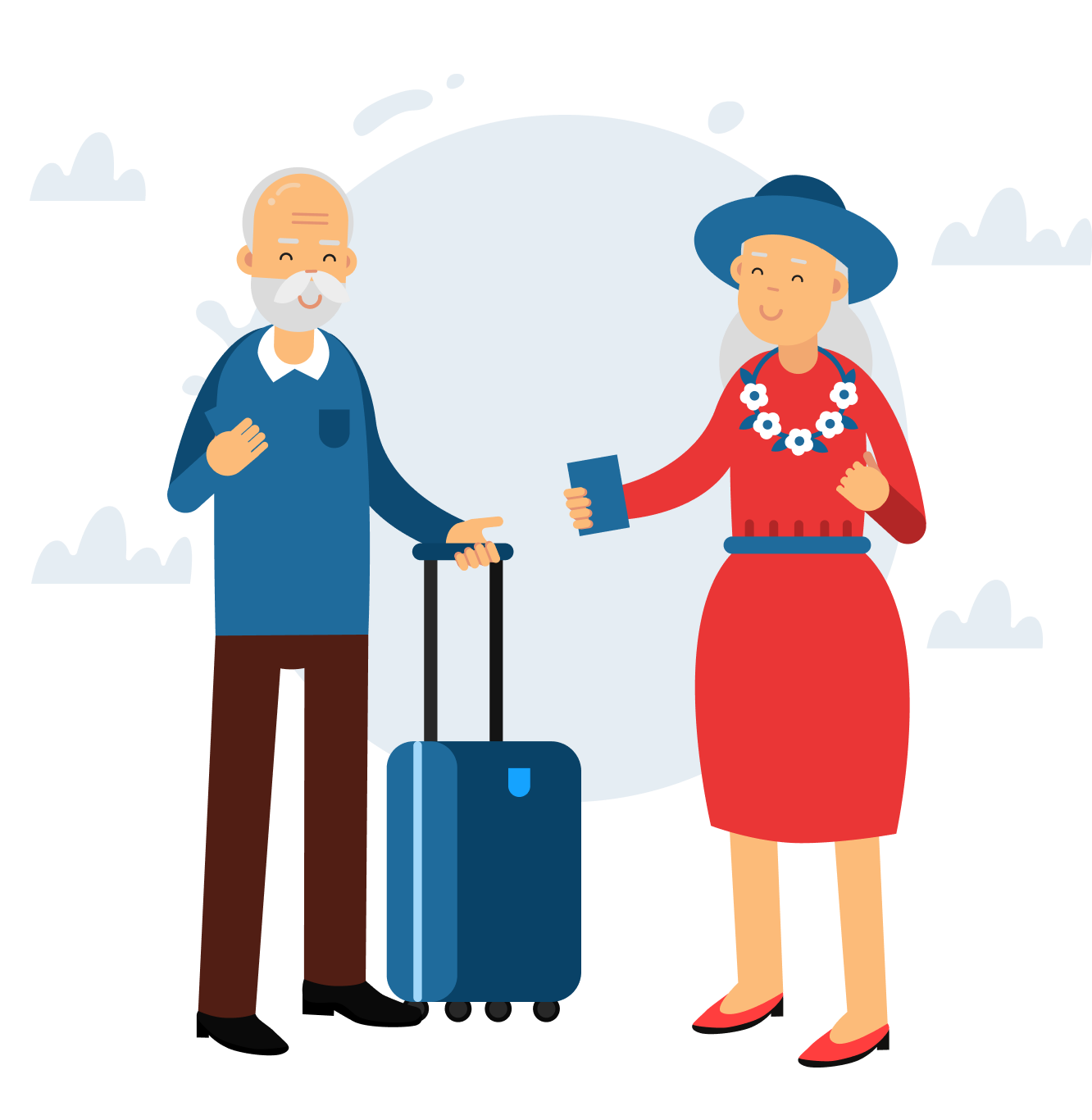 An elderly couple with luggage, one holding a passport, and a cloudy sky, suggesting travel and migration linked to the Australian visa professional consultation session conducted by MARA-registered migration agents on homepage website. This highlights the commitment and expertise of IME Advisors in providing bespoked migration and visa services.