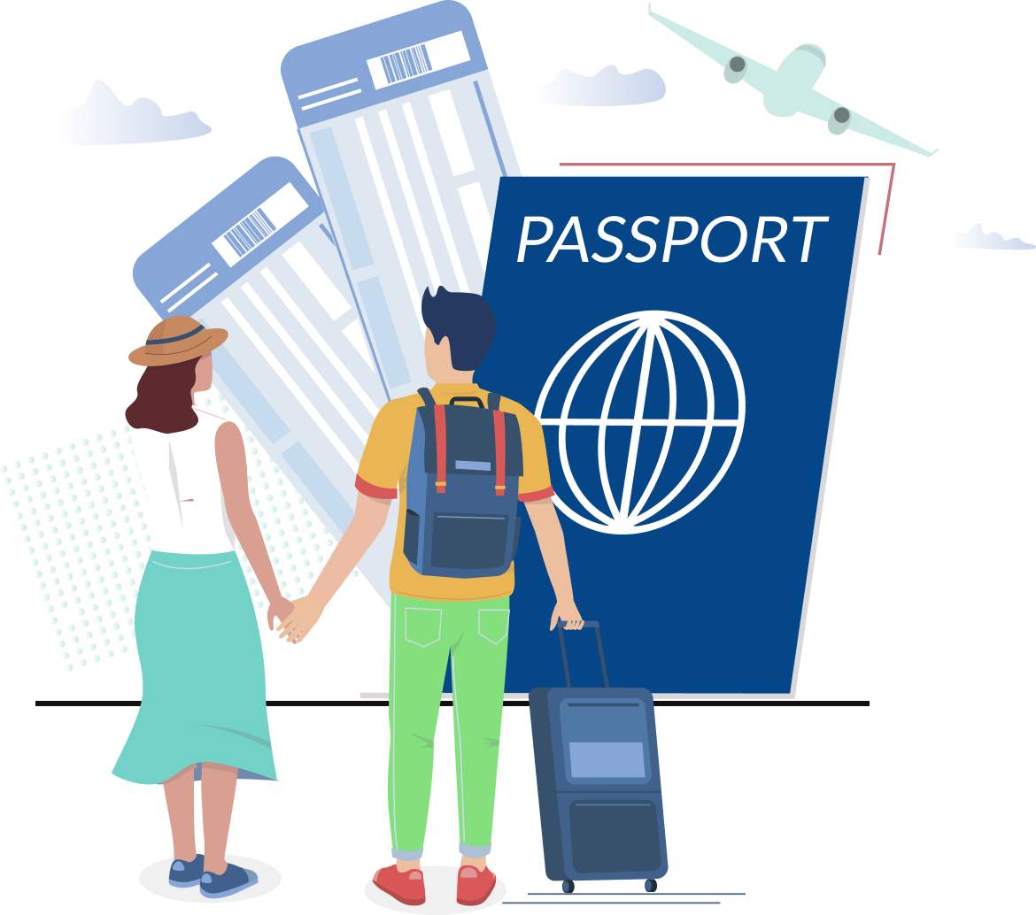 Illustration of a couple holding hands with luggage, standing in front of oversized passport and boarding passes, representing the Partner Visa process in Australia aimed at reuniting couples and loved ones through migration pathways.
