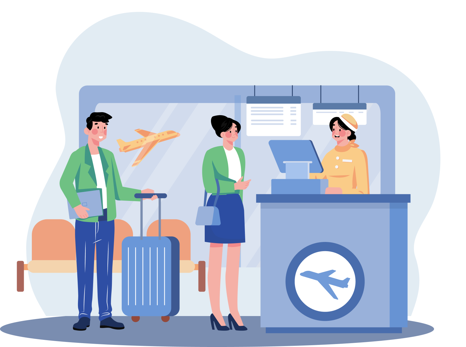 A man and woman with luggage at an airport check-in counter with a plane, representing migration for the Australian visa professional consultation session conducted by MARA-registered migration agents on partner visa services page website. This highlights the commitment and expertise of IME Advisors in providing bespoked migration and visa services.