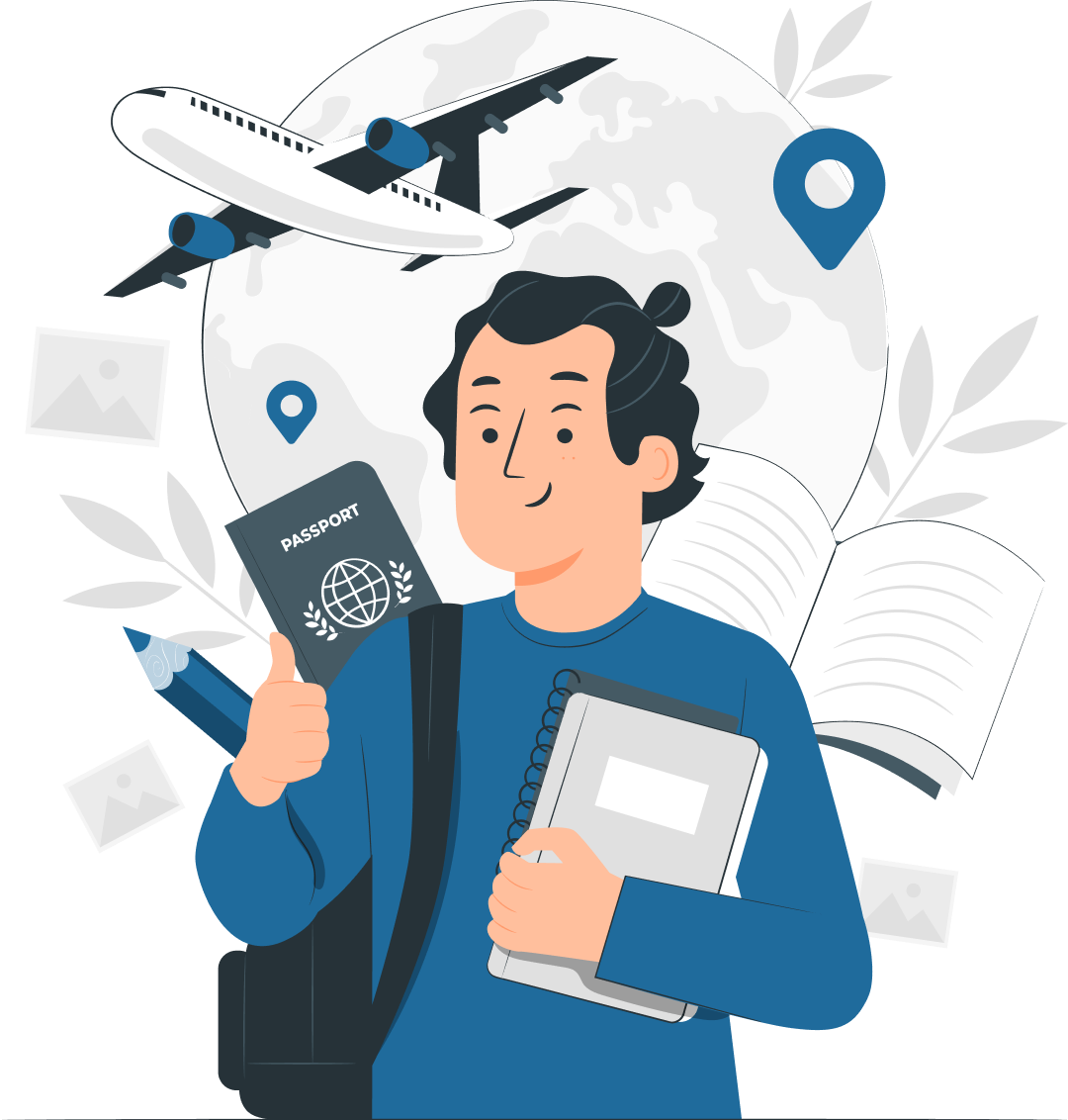 A cheerful student holding a passport and notebook, surrounded by symbols of travel and education, including an airplane, a map pin, open books, and photos, representing the journey of international education and career opportunities through Australian Student and Graduate Visas.