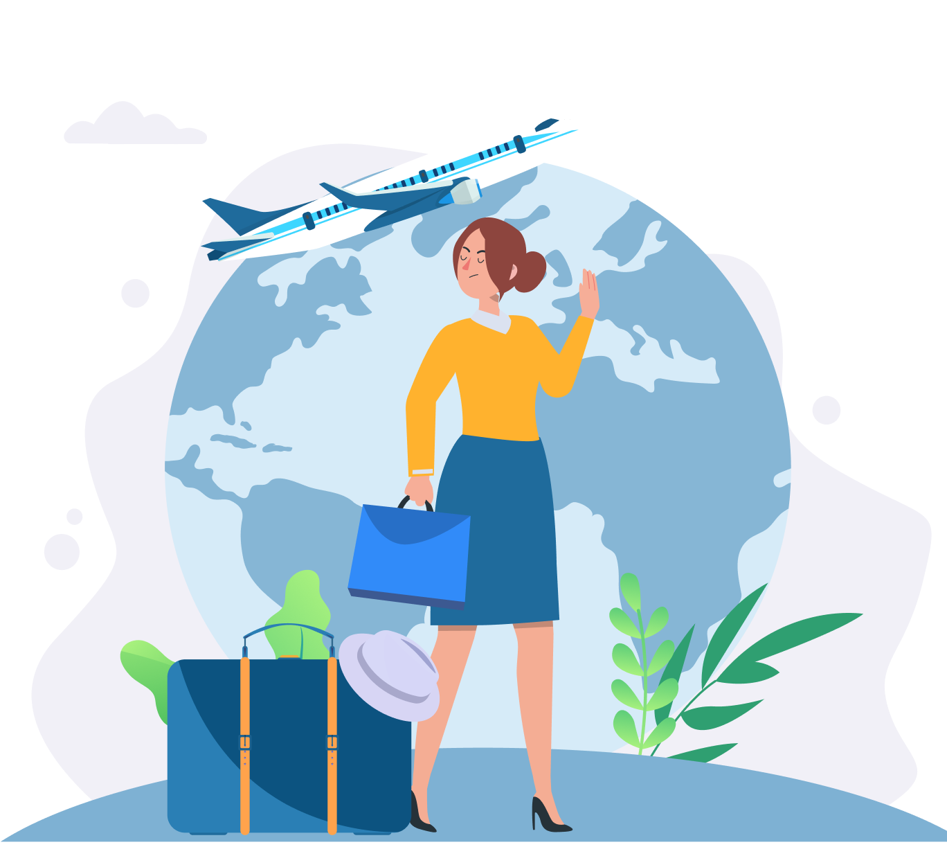A woman stands confidently with a suitcase and handbag in front of a world map, with an airplane flying overhead. Luggage and a hat are beside her, and green plants are in the foreground. This visual represents international travel, migration, and exploring opportunities in Australia through the Working Holiday Visa, suitable for IME Advisors, Sydney.