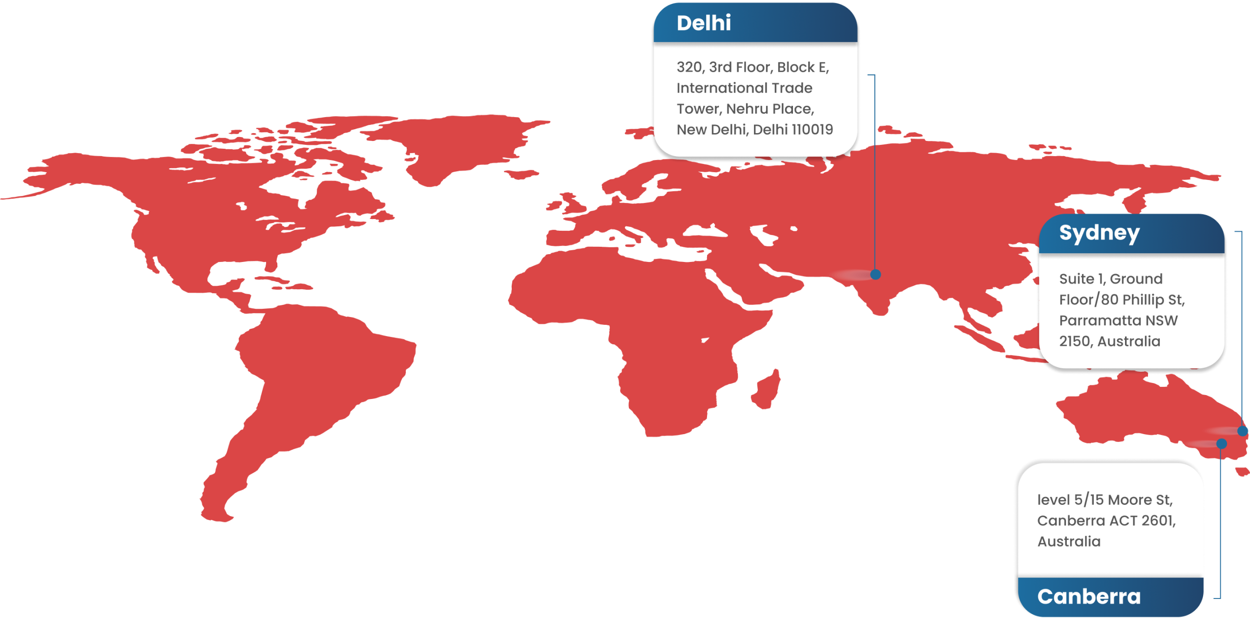 World map showing locations of Immigration & Education Advisors in Delhi, Sydney, and Canberra. This highlights the commitment and expertise of IME Advisors in providing bespoked migration and visa services.