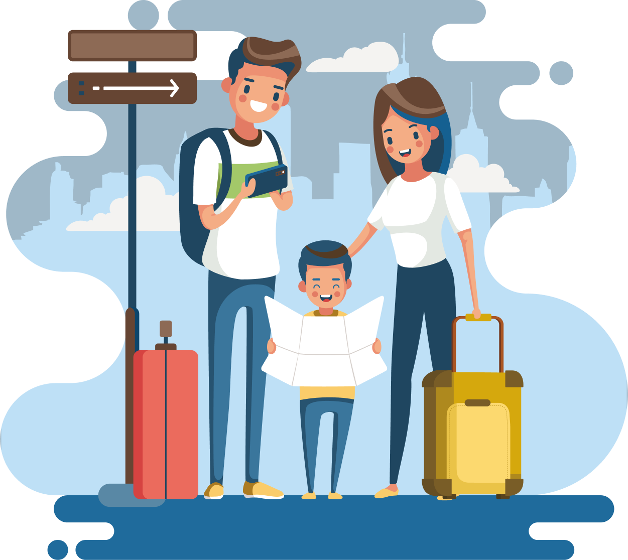 Illustration of a smiling family with suitcases and travel signs, representing the Contributory Parent Visa (Subclass 173 and 143) pathway, designed to help parents reunite with their children in Australia more quickly and with greater certainty.