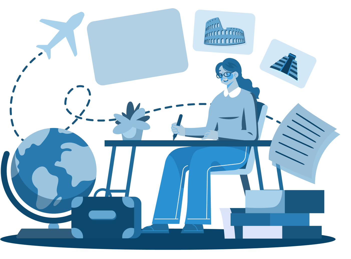 A woman sits at a desk with a pen and paper, surrounded by travel-related items including a globe, suitcase, and stacks of books. An airplane flies overhead with a dotted travel path, and images of famous landmarks are displayed above her, representing different countries. Papers and a small plant are also on the desk, conveying the idea of planning for international travel and visa options. This banner is designed for the section "Which Visa is Right for You?" for IME Advisors, Sydney.