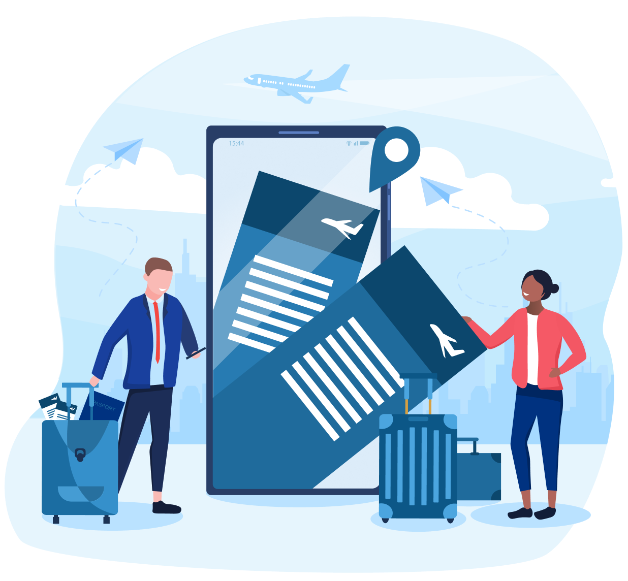 Two people with suitcases stand near a large smartphone displaying digital boarding passes, with an airplane flying overhead and paper planes in the sky. The scene represents diverse work and travel opportunities during a working holiday in Australia, such as hospitality, agriculture, retail, and construction, suitable for IME Advisors, Sydney.