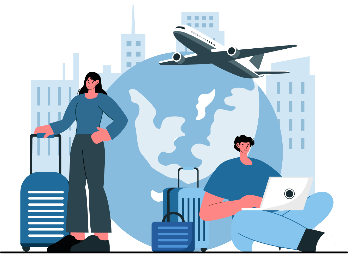A woman with luggage and a man using a laptop, with a globe, plane, and city skyline, representing migration for the Australian visa professional consultation session conducted by MARA-registered migration agents on homepage website. This highlights the commitment and expertise of IME Advisors in providing bespoked migration and visa services.