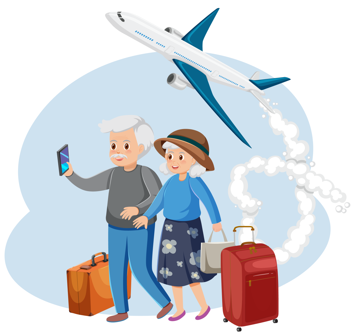 Illustration of an elderly couple with luggage and a plane flying overhead, representing travel and family reunion under the Aged Parent and Contributory Aged Parent Visa subclasses 804, 884, and 864 for migration to Australia.