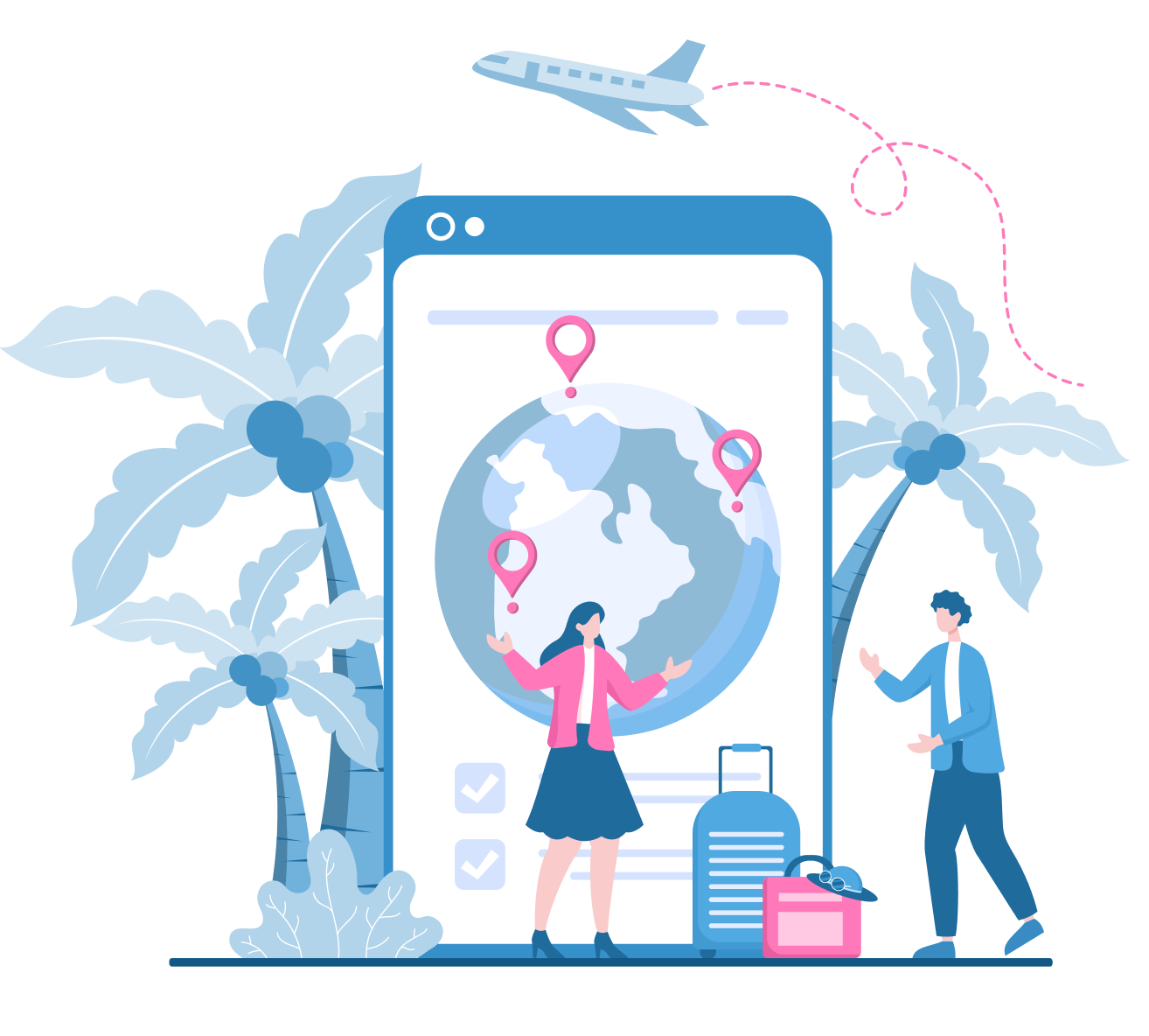 A woman and man with luggage near a smartphone showing a globe and flight path, with palm trees, suggesting relocation for the Australian visa professional consultation session conducted by MARA-registered migration agents on work holiday visa services page website. This highlights the commitment and expertise of IME Advisors in providing bespoked migration and visa services.