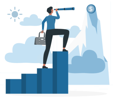Person with telescope on bar graph, mountain with dollar sign in background. This highlights the commitment and expertise of IME Advisors in providing bespoked migration and visa services.