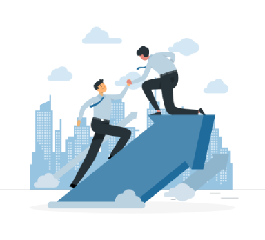 Two people climbing an upward arrow with a cityscape background. This highlights the commitment and expertise of IME Advisors in providing bespoked migration and visa services.
